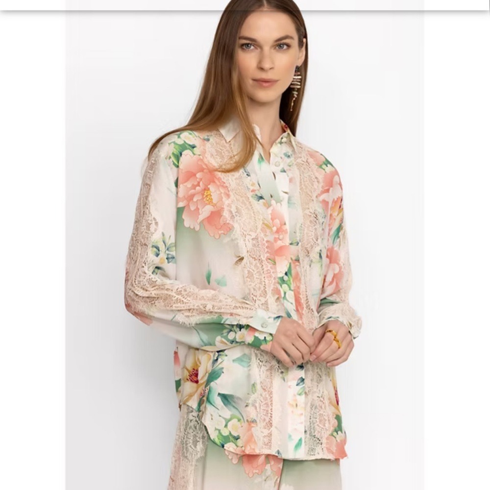 Johnny Was Floral 100% Silk Shirt Quiet Luxury Xs